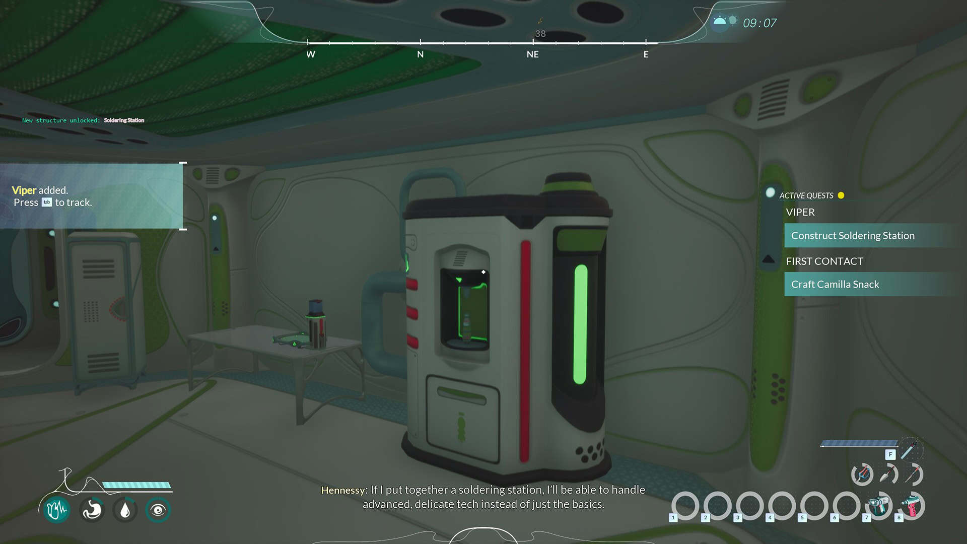 Honeycomb The World Beyond screenshot showing the futuristic base and some crafting station.