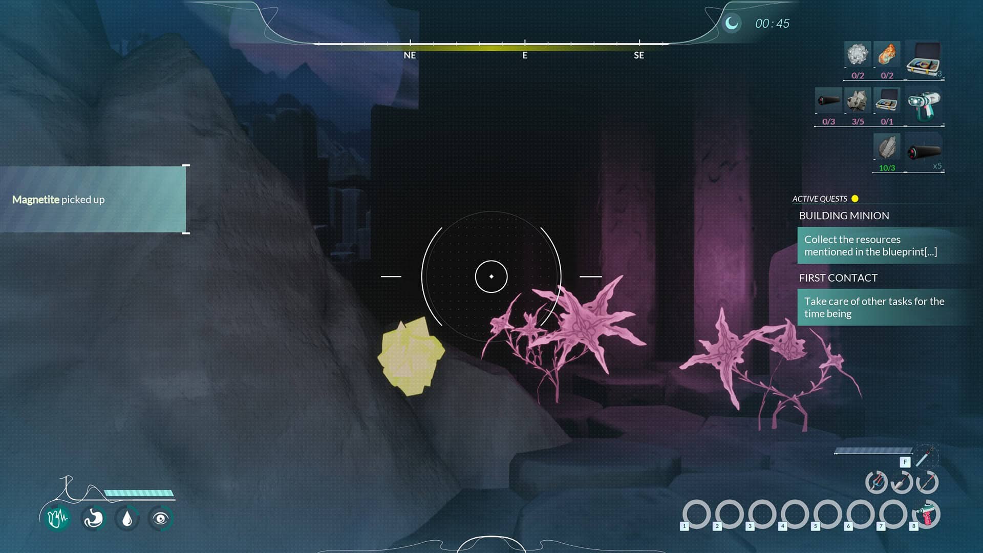 Honeycomb: The World Beyond screenshot showing the landscape at night, with certain plants being highlighted in the interface.