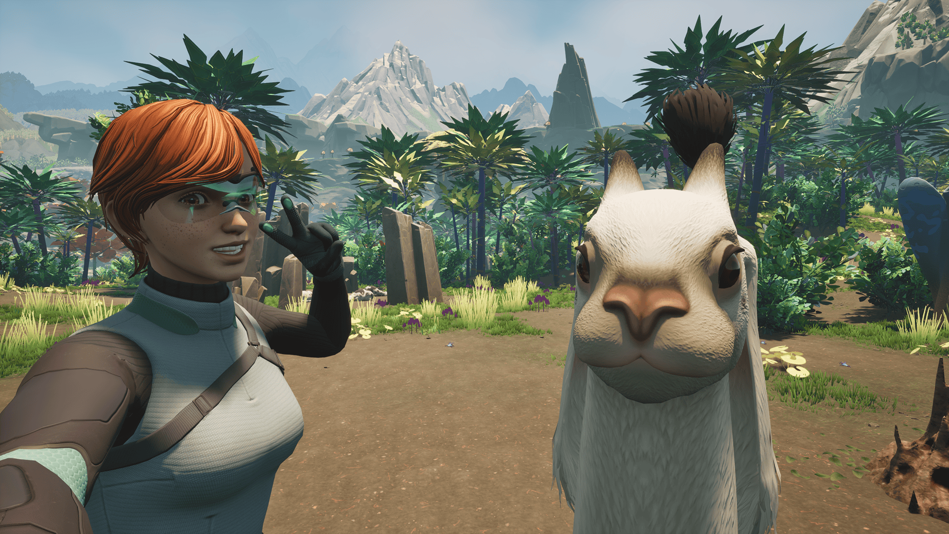 Honeycomb: The World Beyond showing the protagonist taking a selfie next to an adorable animal on the planet.