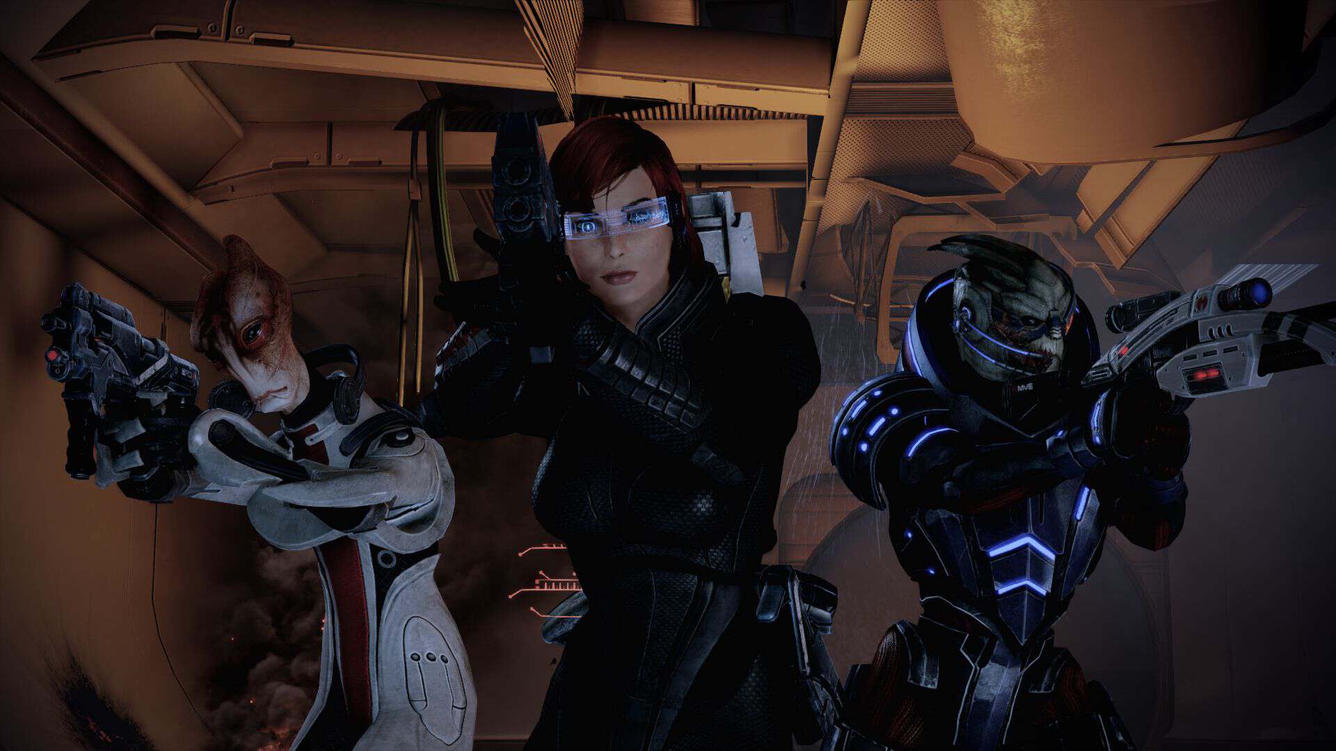 Mass Effect screenshot of three characters pointing guns