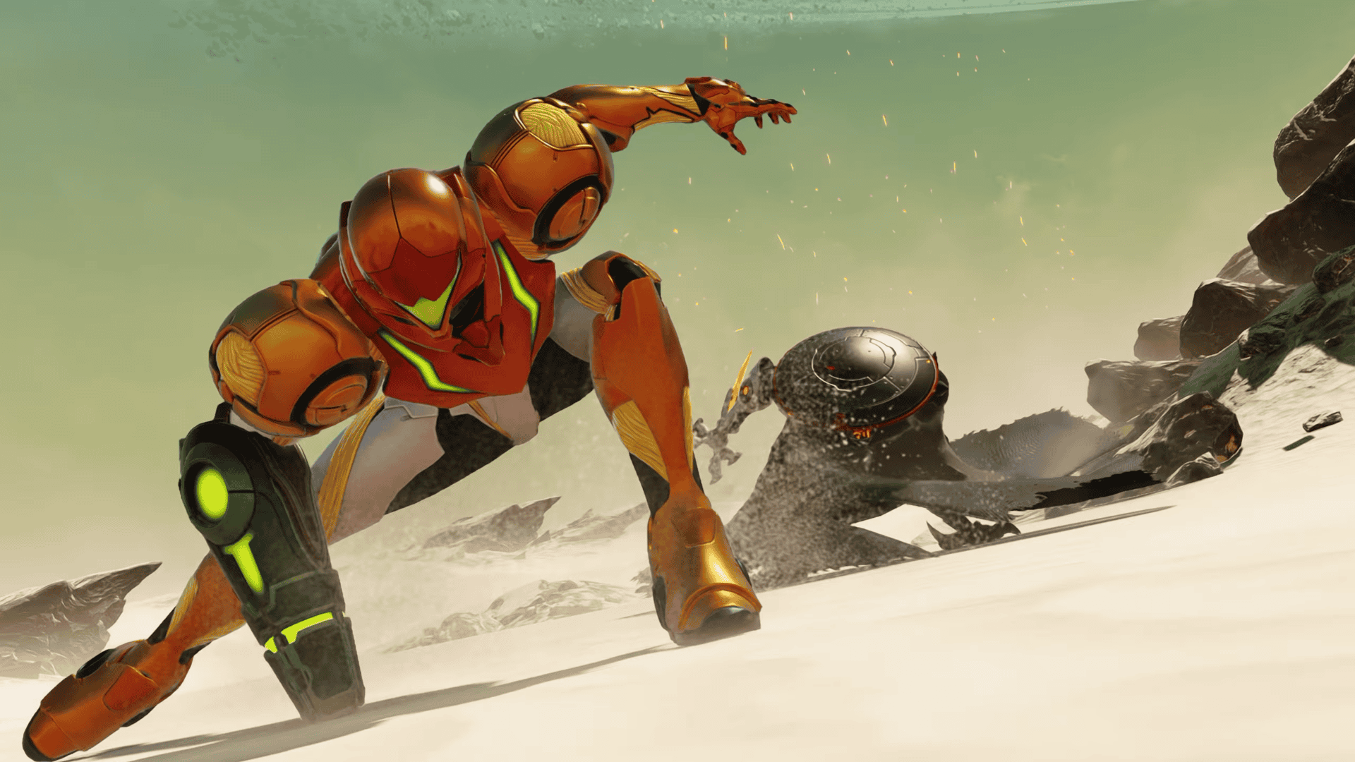 Samus facing down an unknown cyborg assailant