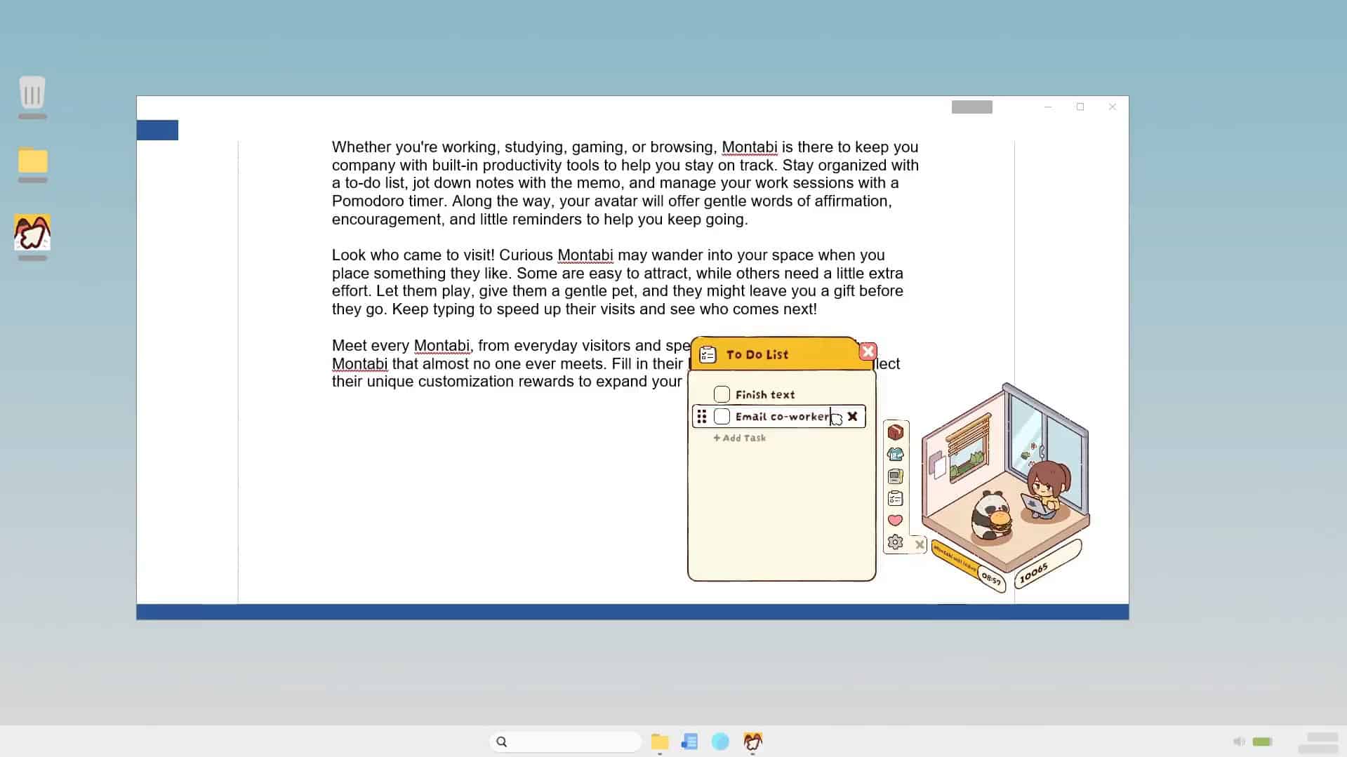A screenshot of a text editor with the game in the corner, with an open to-do list. The text describes the various features of the game, as described in the text of the article.