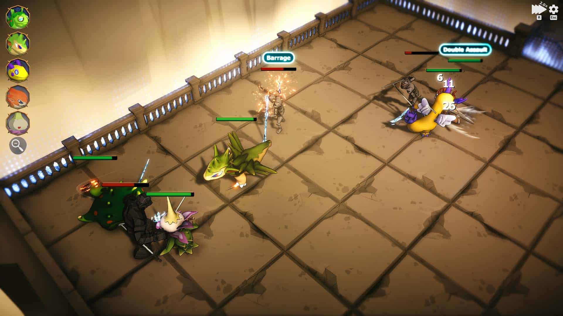 A desert dungeon battle in Mythmon: Mythic Monsters.