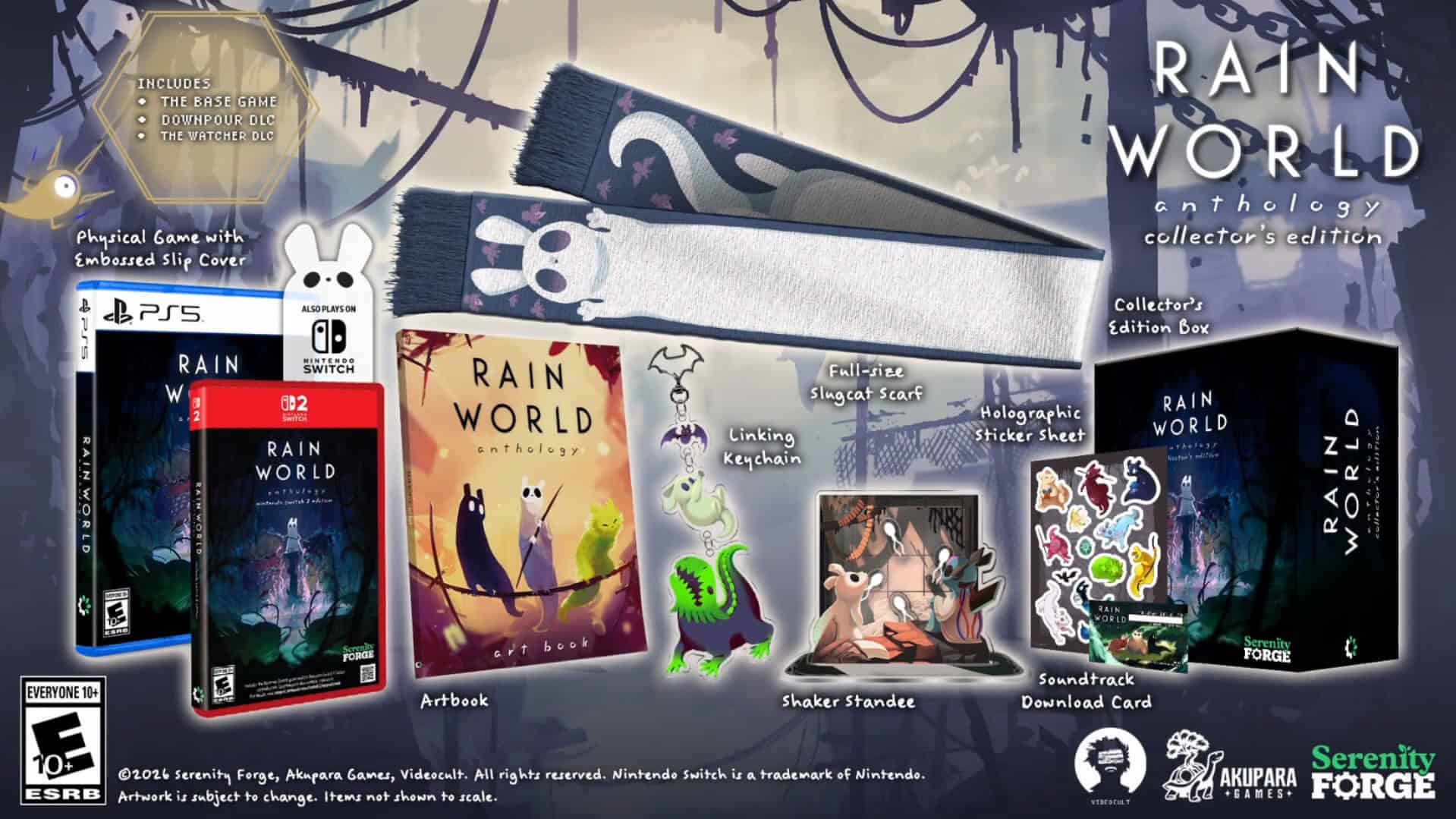 A collection of items found in the collector's edition of Rain World Anthology Edition