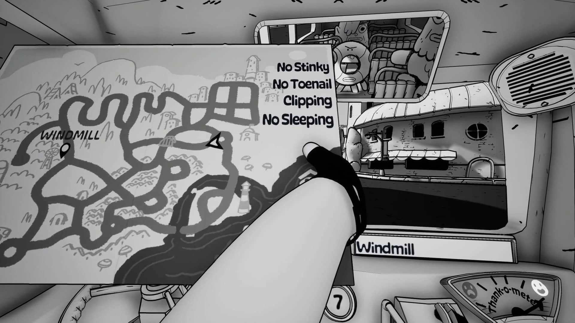 A screenshot of the bus driver from the game Thank You Bus Driver looking at a map while holding the wheel in the other hand, with the rearview mirror showing passangers in the back. The map shows a winding road as well as lists rules such as No Stinky, No Toenail Clipping and No Sleeping