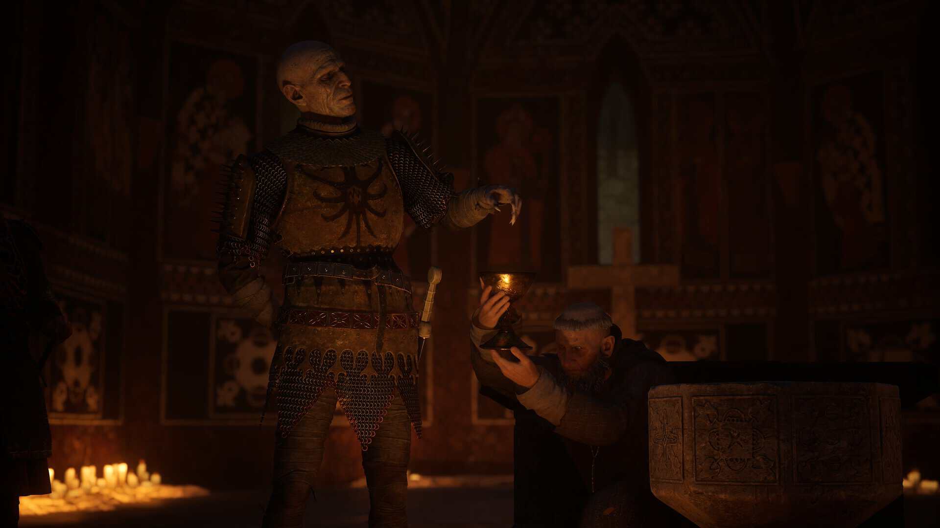 A screenshot of Brencis bleeding into a cup during mass in The Blood of Dawnwalker.