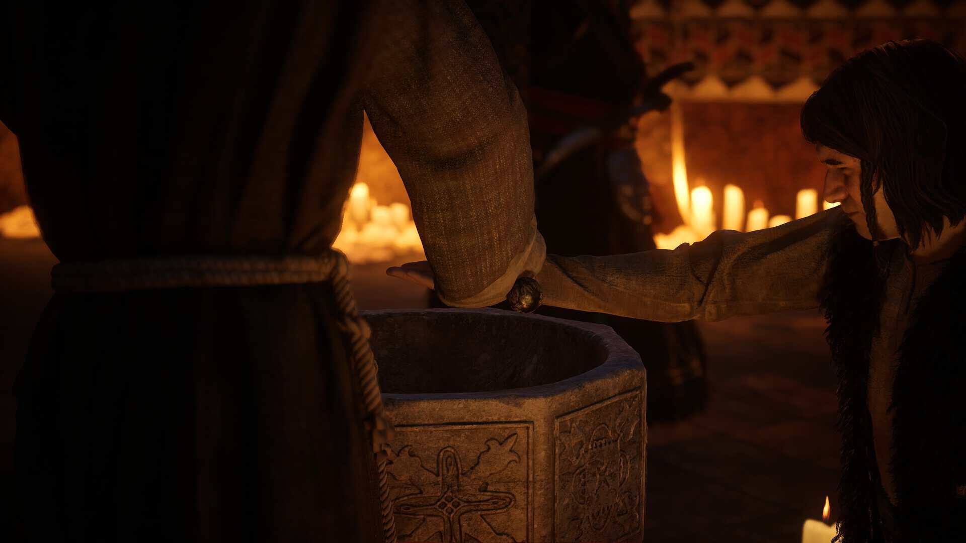A screenshot of someone giving blood during mass in The Blood of Dawnwalker.