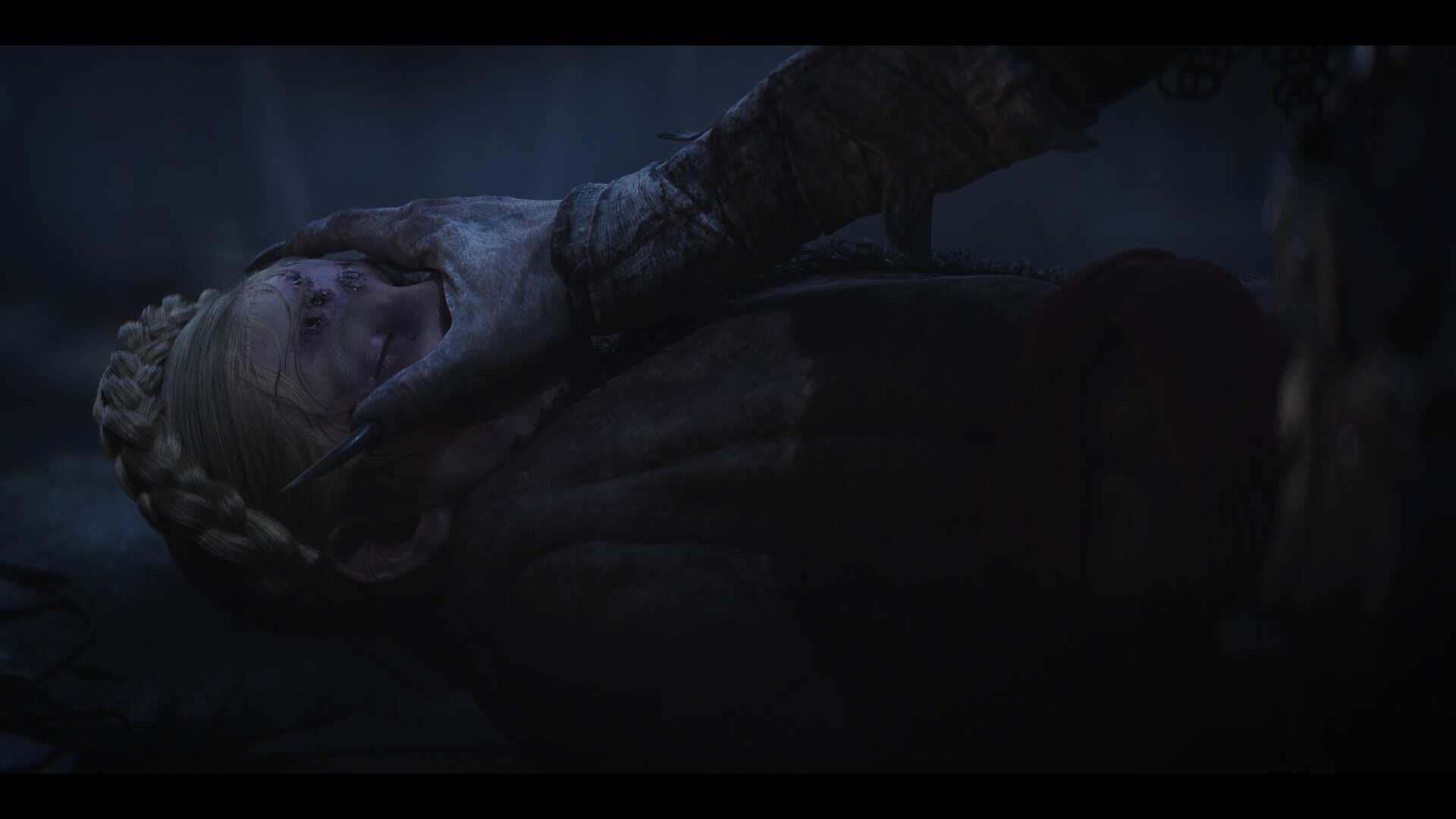A screenshot of Brencis feeding Lunka his blood in The Blood of Dawnwalker