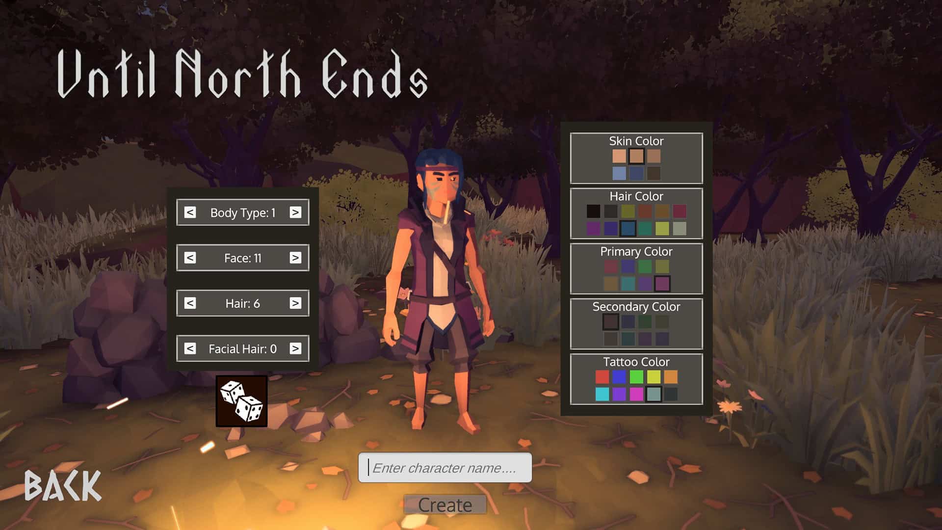 Until North Ends Character creation screen showing the avatar with blue hair and face tattoos and wearing a purple robe