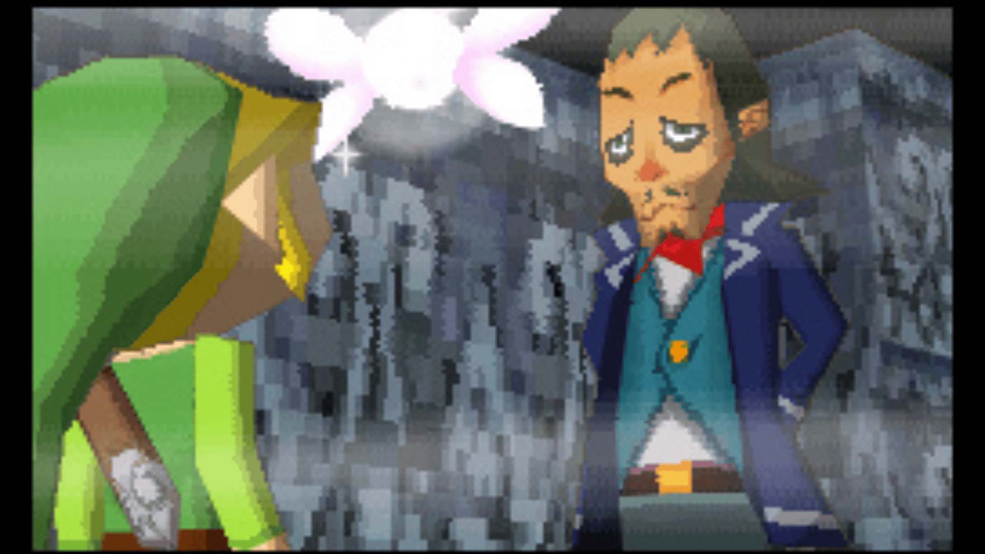 screenshot of the phantom hourglass Zelda game, of the character of linebeck