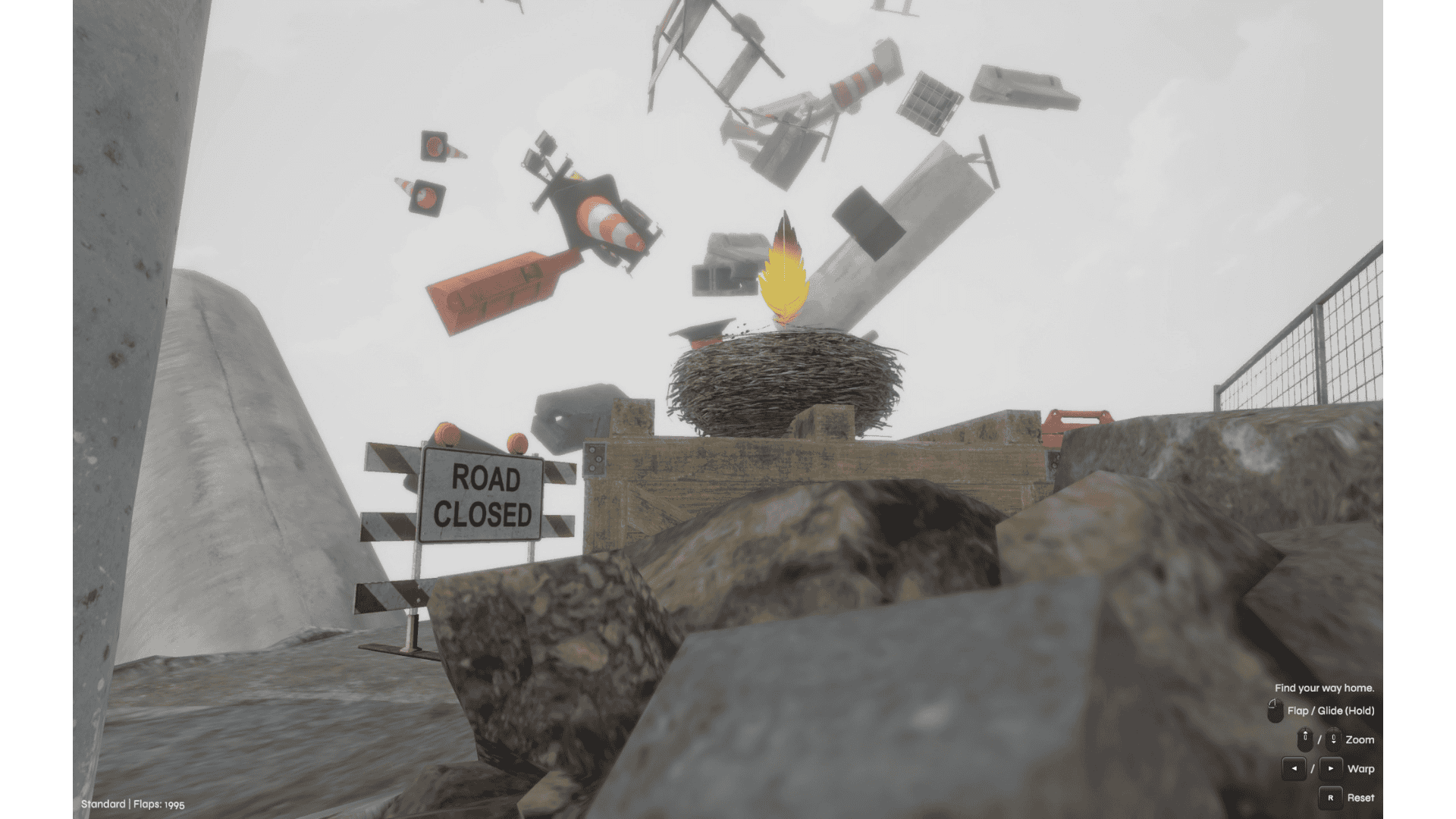 screenshot from Birdflop demo, bird sitting in save nest point