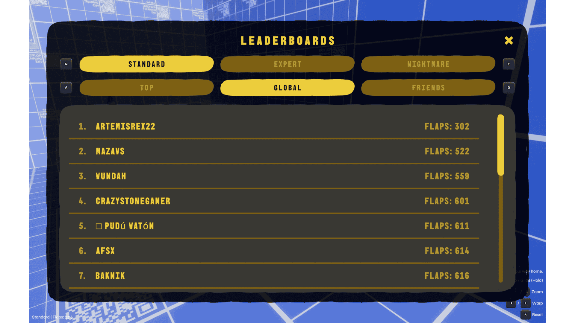 leaderboard from demo of Birdflop