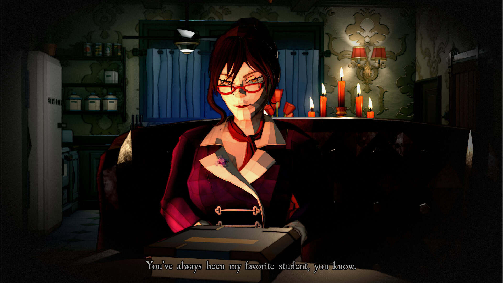 A teacher with her hair up and cat-eye glasses sits on a sofa, facing the player. Behind her can be scene a set table in a kitchen with a candelabra and vase of flowers. The woman's face is lit by firelight coming from a fireplace just offscreen. The dialogue text reads "You've always been my favorite student, you know."
