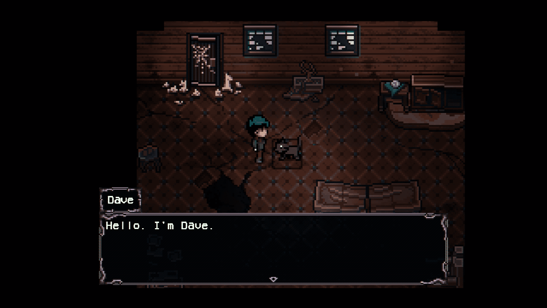 The player stands in a rundown shack filled with dirty, broken furniture, looking at a black cat. The black cat says "Hello, I'm Dave."