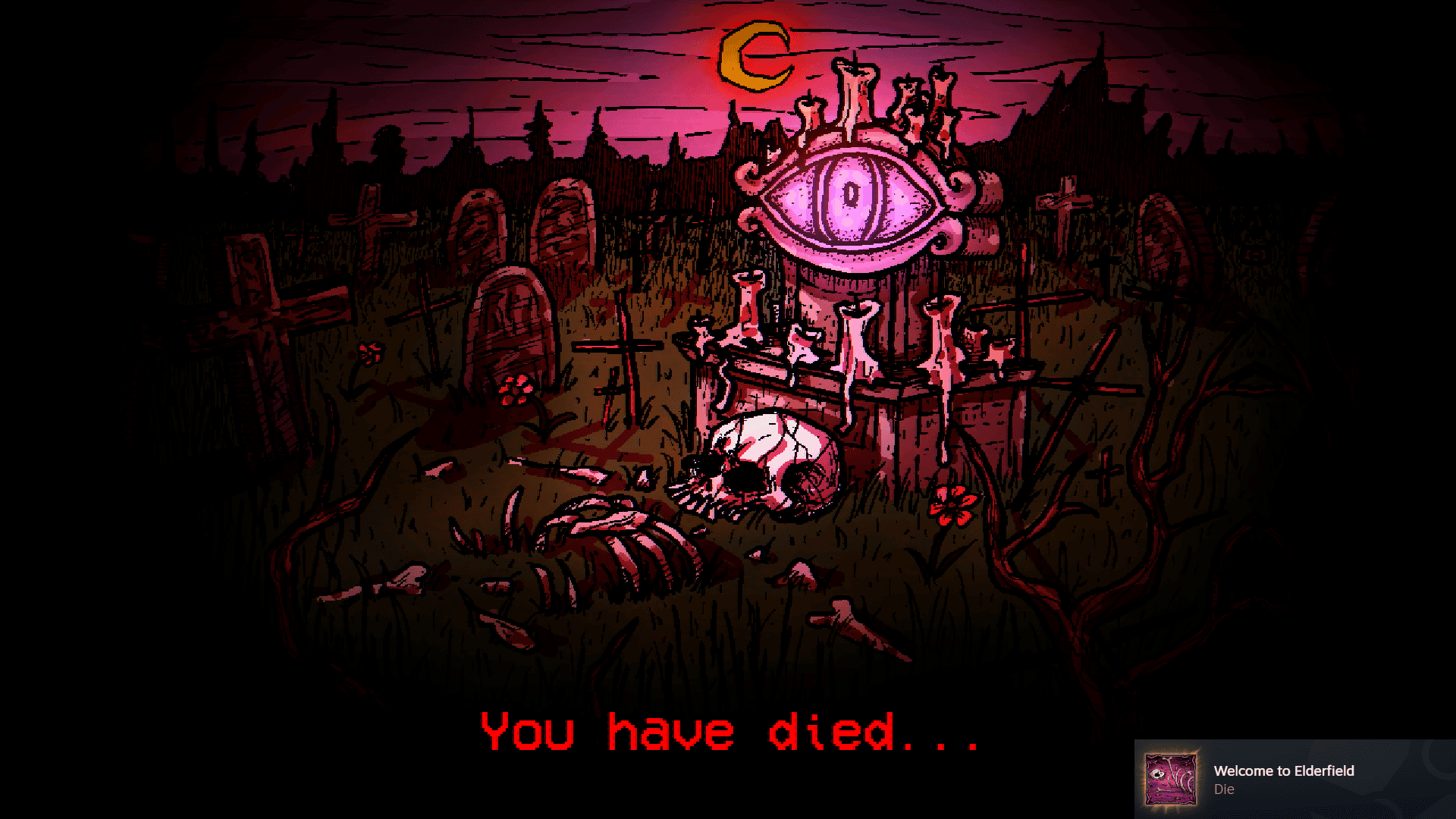 an elaborate illustratioin of a graveyard, in the foreground the headstone is a glowing eye. The headstone is surrounded by many half-melted candles. A skeleton lies half-submerged in the soil before the headstone.