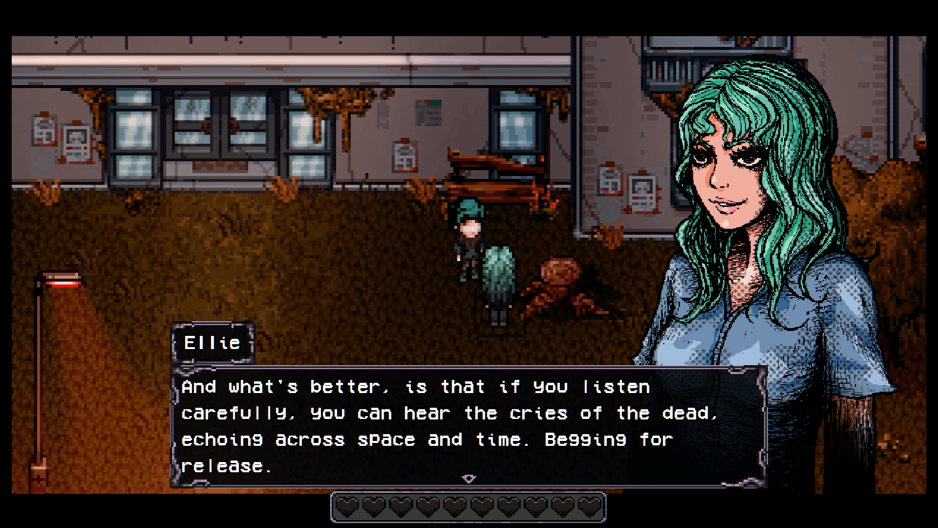 In the background, the player character talks to a girl with long teal hait in front of the doors of an apartment building. In the foreground, her character art is shown, showing her wearing a blue button up shirt and a half-lidded lazily grinning expression. The dialogue text reads "Ellie: And what's better, is that if you listen carefully, you can hear the cries of the dead, echoing across time and space, begging for release."