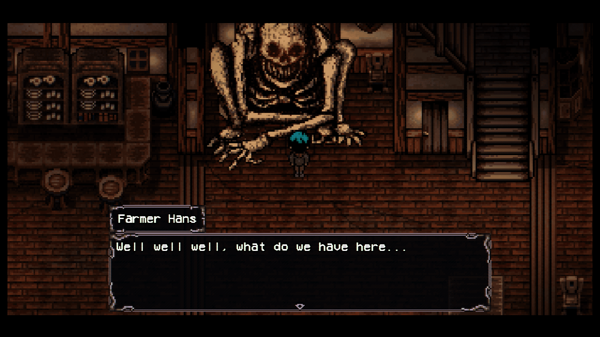 In a rundown wooden farmhouse, an enormous skeleton with glowing red eyes crouches in the space beneath a towering staircase. The player character stands in front of them, unafraid. The text reads "Farmer Hans: Well, well, well, what have we here?"