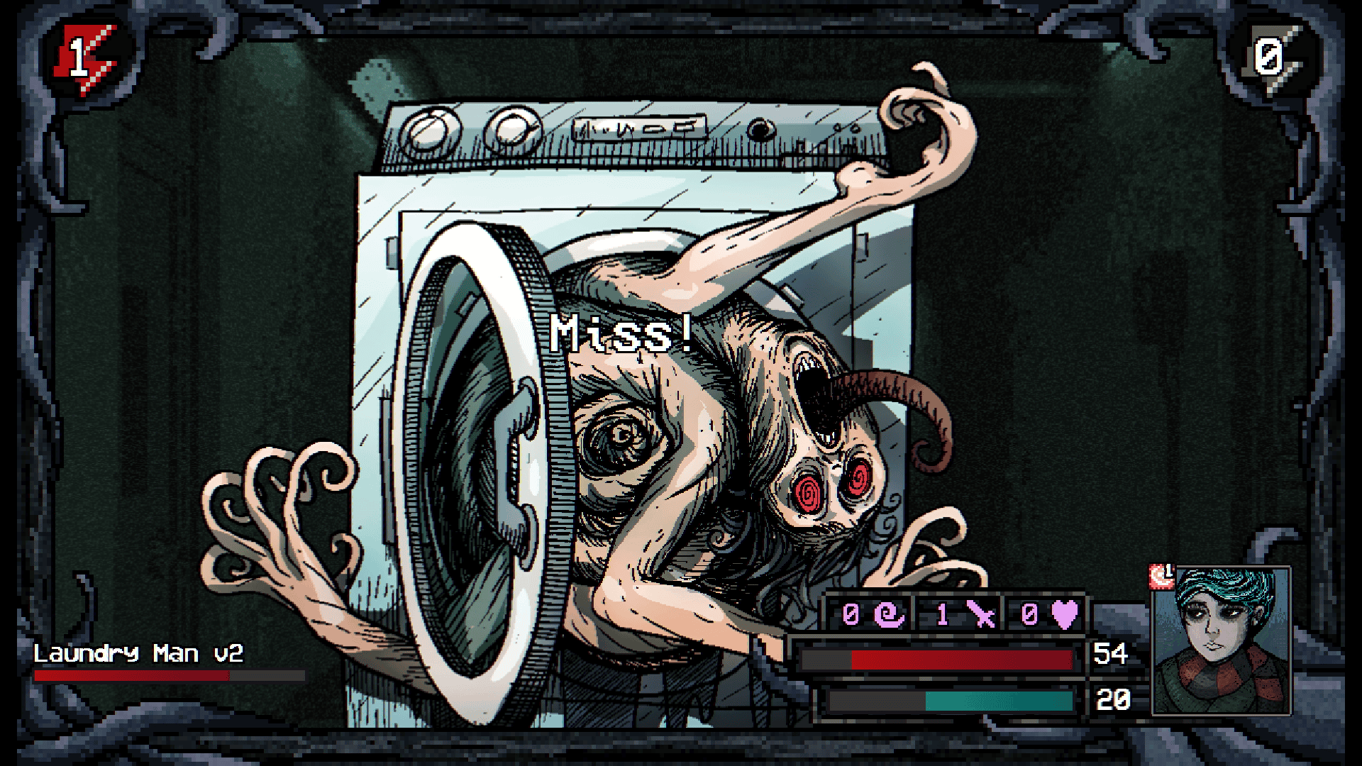 A twisted, wormy creature reaches several long arms and its warped, wide-eyed head and proboscis-like tongue out of the door of a normal washing machine. A combat interface overlays the image, showing the players HP and MP as well as the monster's HP.