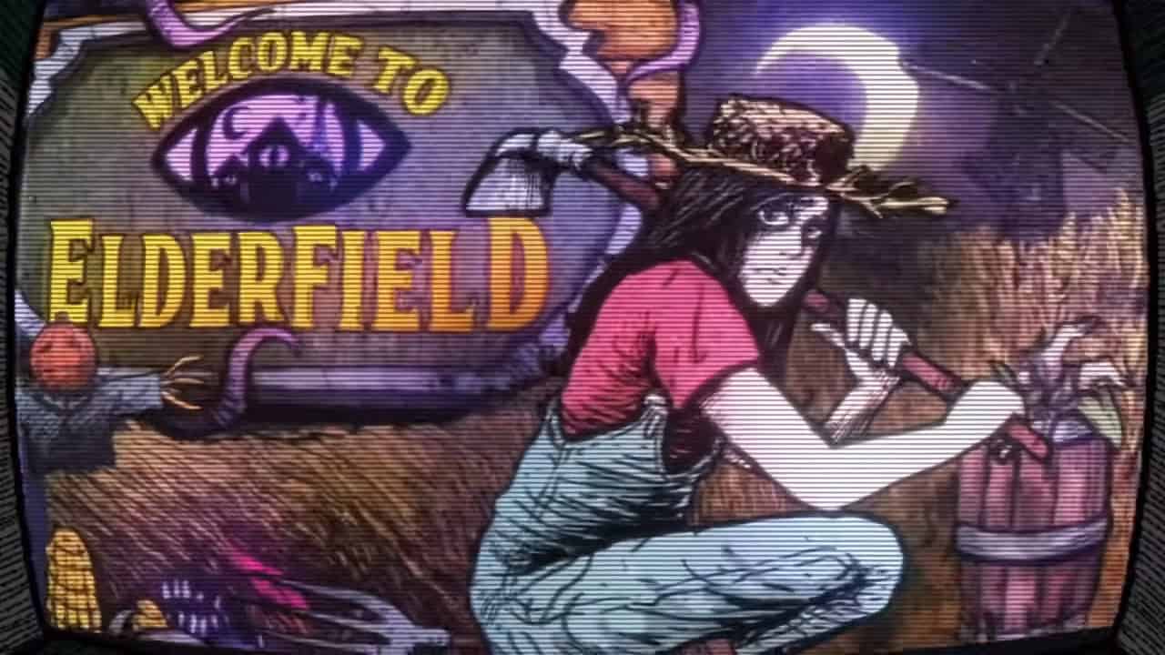 a woman in overalls and a straw hat crouches in a field of wheat under a cloudy, moonlit sky, clutching a garden hoe. In the background, a large sign reads "Welcome to Elderfield"