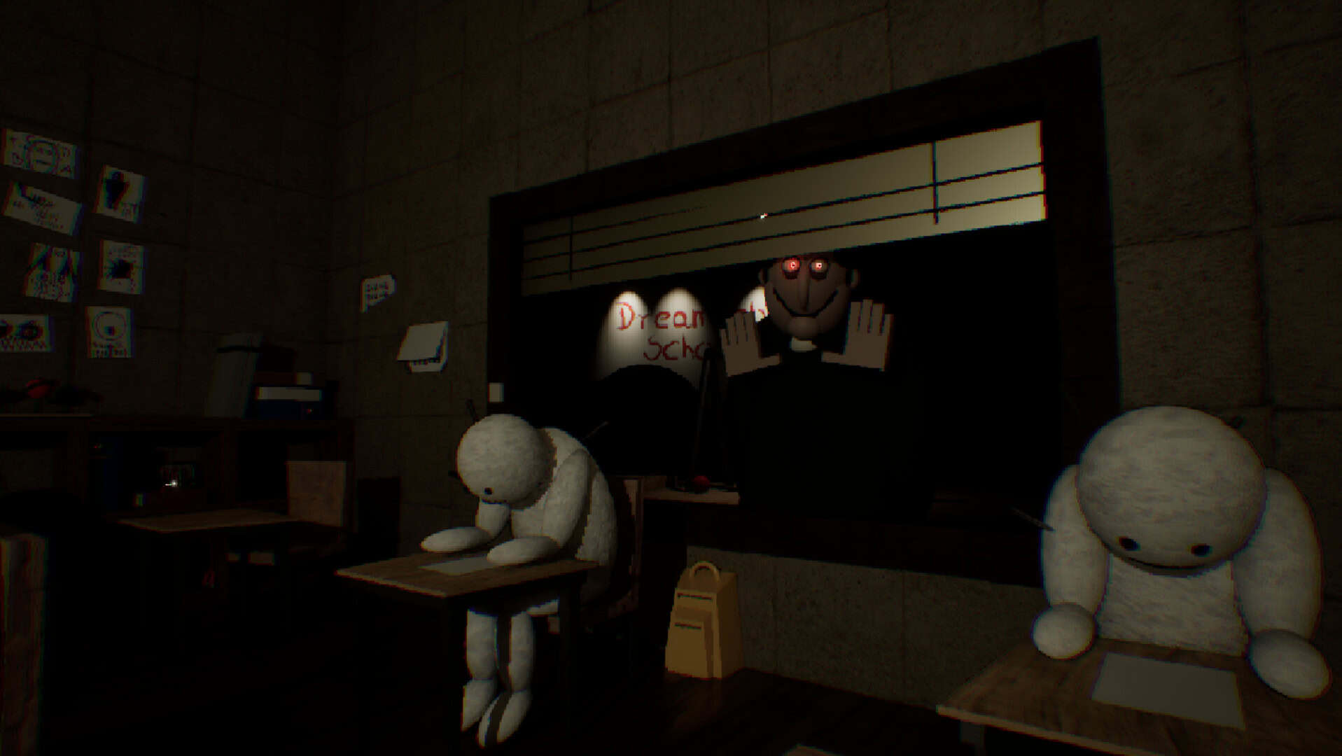 In a dark and dingy looking classroom, featureless NPCs sit at desks with heads angled down to look at papers. A window looks out onto a playground that is lit only by streetlights, but most of the view is obscured by a man with red glwoign eyes pressing his face and hands against the glass.