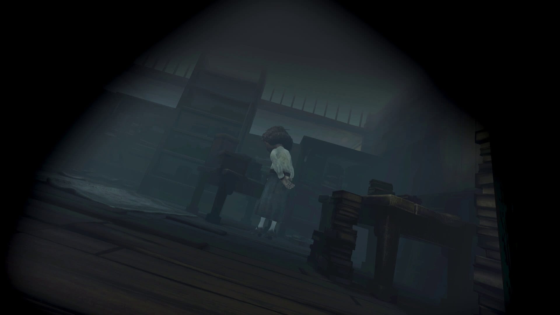 In a POV shot , we peek out from a hiding place near the floor into a huge room with towering shelves and stacks of books. An older woman with a menacing air stands with her back to us, examining something on a desk,