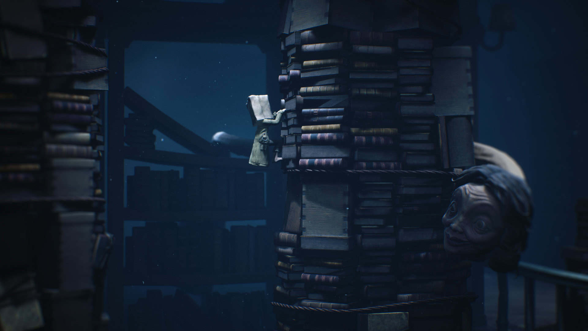A small boy with a bay over his head climbs a strange tower created of stacked books and wooden crates, An older woman's face peers around one side, moving toward the boy, her body not visible, her neck stretching impossibly long like a snake.