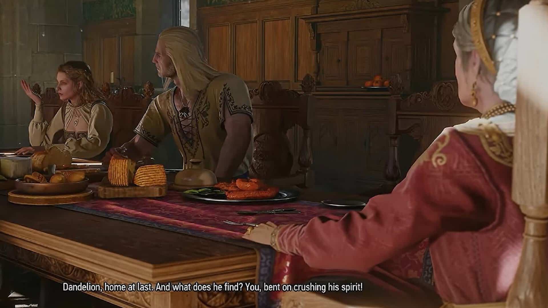 Geralt eating breakfast with Dandelion's grandmother and cousin in Letten