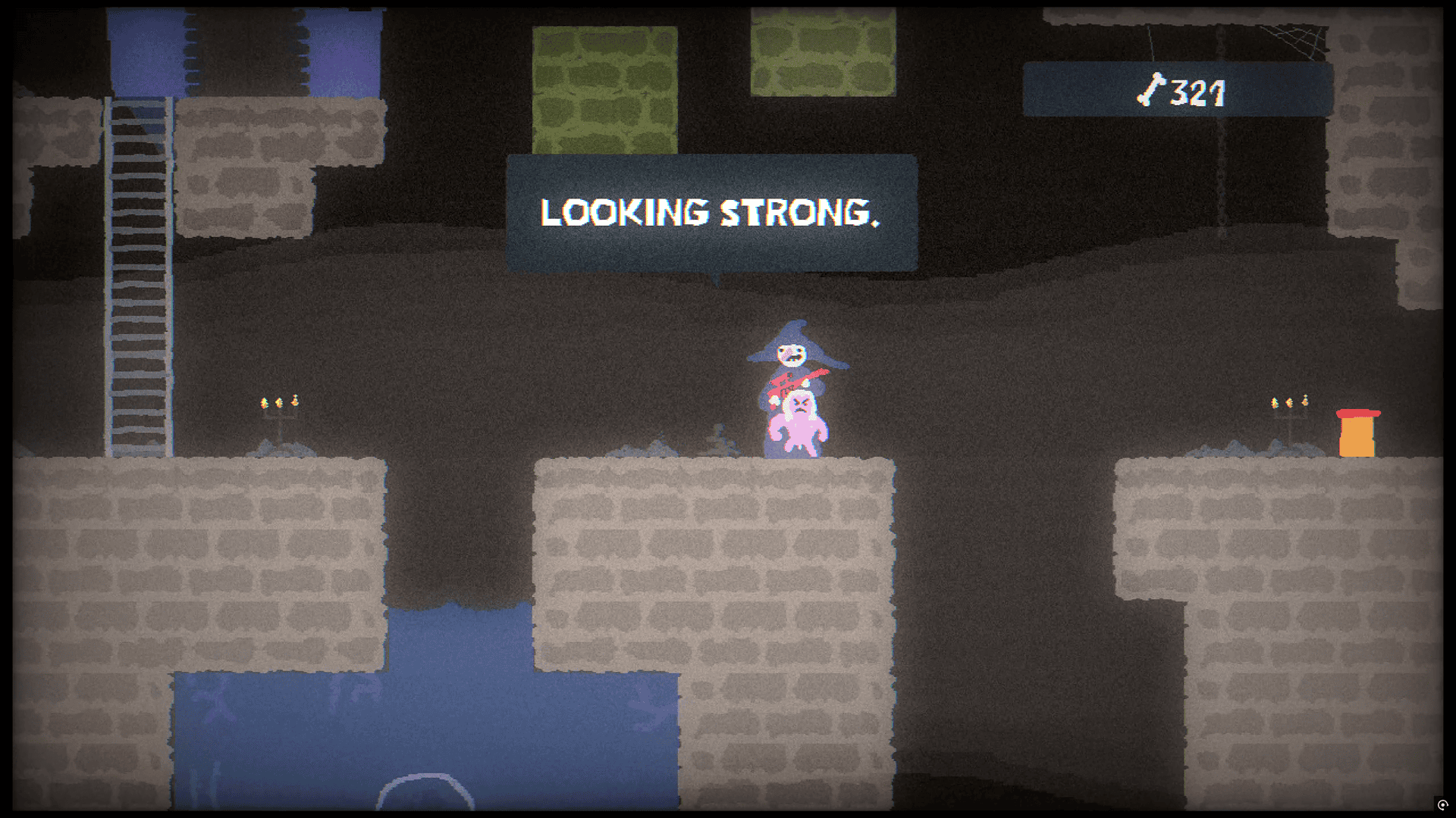 A poorly-drawn witch with a gun in their hand looks over a smaller pink person with long blond hair
