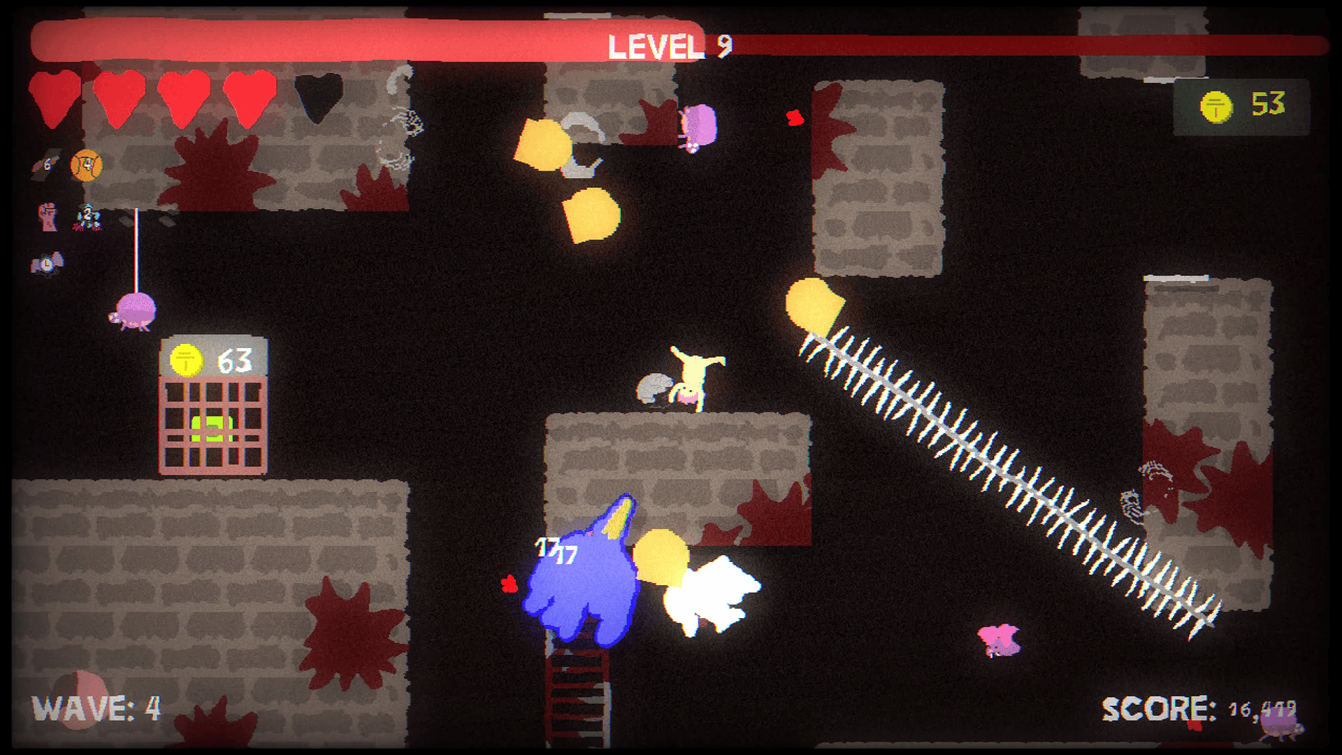 There are lots of projectiles floating around the screen of Blood Dungeon while the main character is in the middle of doing a cartwheel