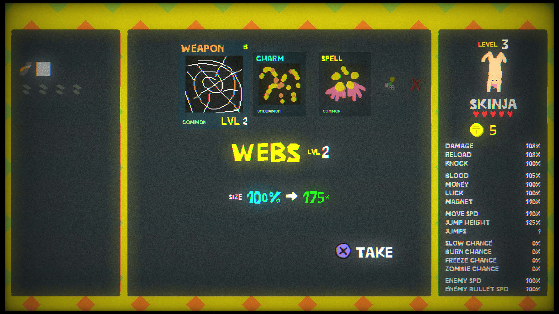 An upgrade screen, with three choices between a weapon, a spell, or a charm.