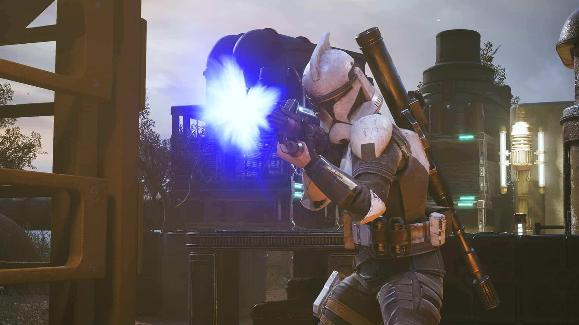 A Clone Trooper fires a blue-colored blaster facing the image