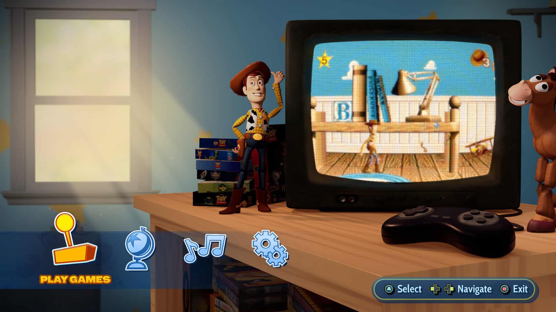 Toy Story: Retro Roundup! main menu featuring the toys and a TV playing one of the games in the collection, set inside Andy's Room