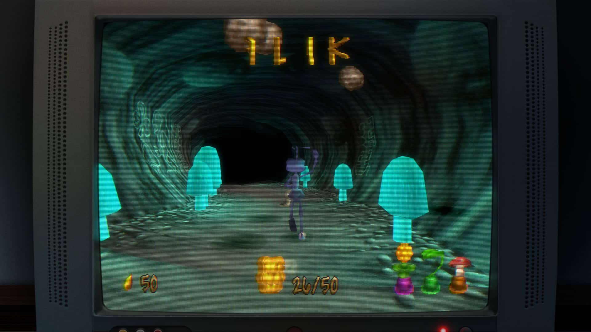 Flik running through a cave with glowing mushrooms in A Bug's Life for the PS1 in Toy Story: Retro Roundup!