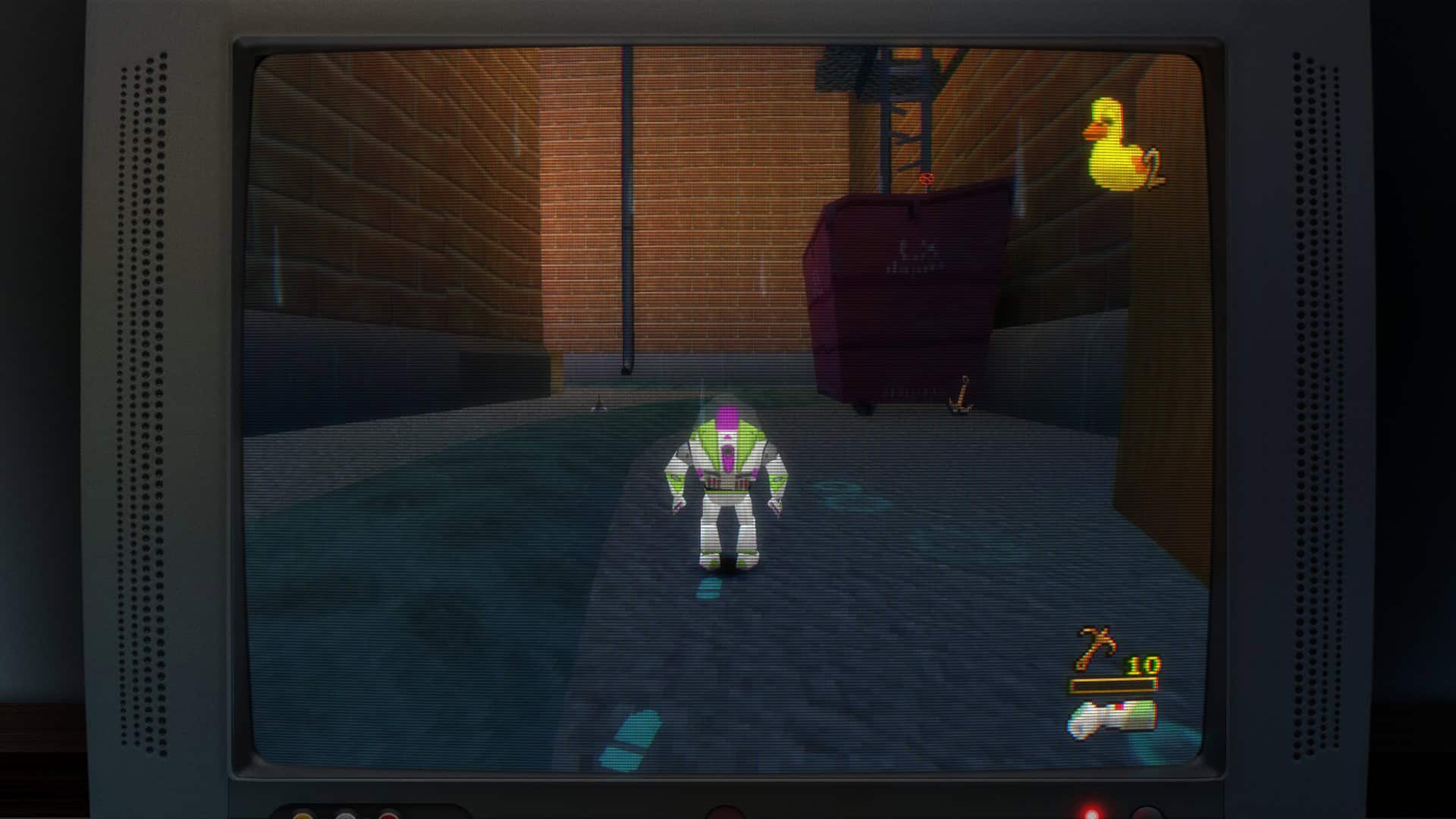 Buzz Lightyear leaving blue footprints after exiting the water in Toy Story 2: Buzz Lightyear to the Rescue in Toy Story: Retro Roundup!