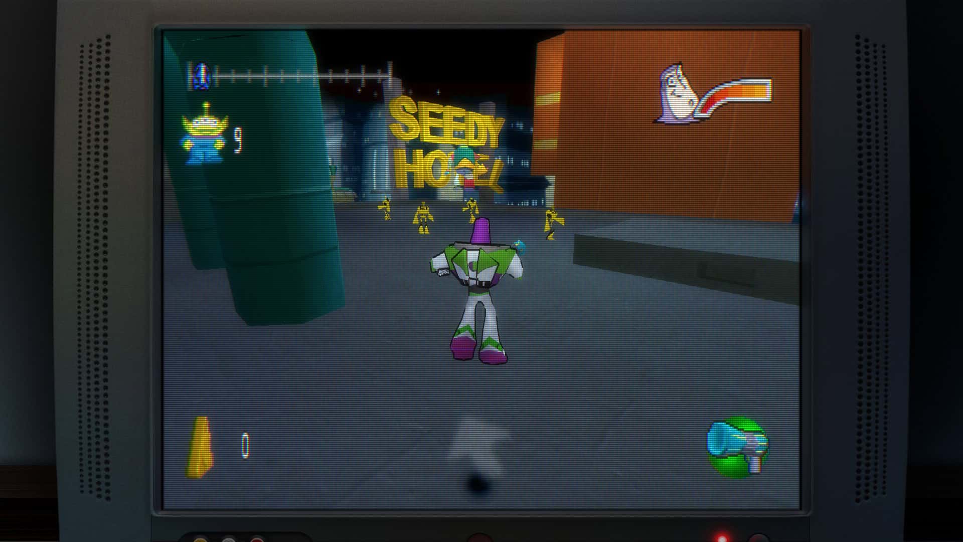 A seedy hotel sign seen during a stage of Buzz Lightyear of Star Command for the PlayStation in Toy Story: Retro Roundup!