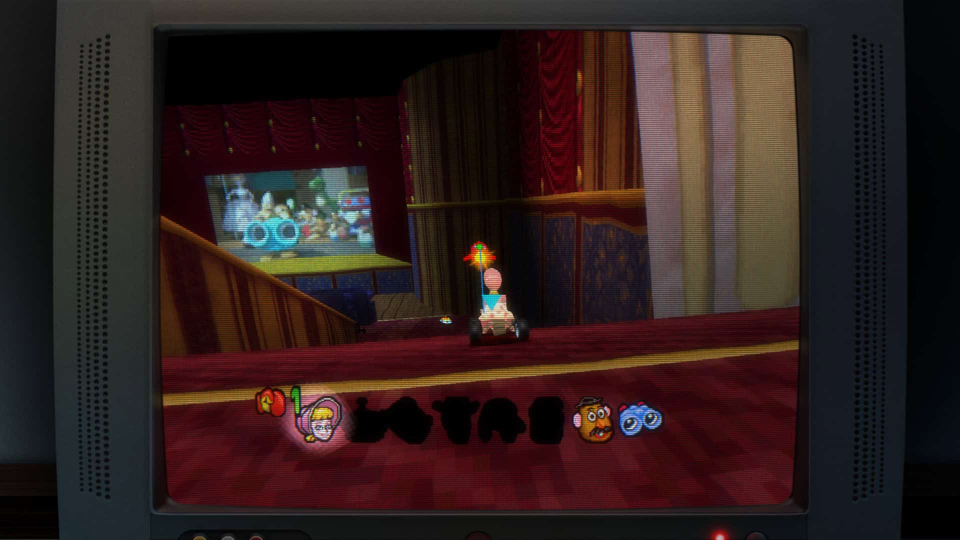 Bo Peep racing in a movie theater in Toy Story Racer, with the Toy Story movie playing on the big screen in Toy Story: Retro Roundup!