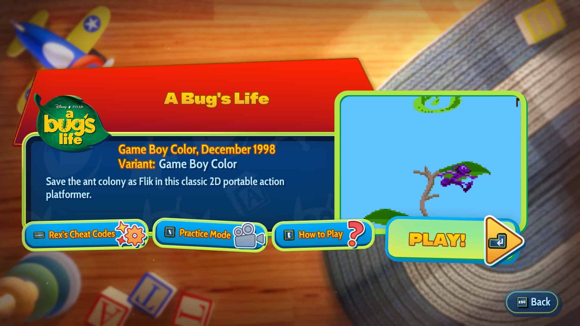A screen when picking a game in Toy Story: Retro Roundup! featuring Rex's Cheat Codes, Practice Mode, How To Play and Play, as well as details on the release date and variant of the game