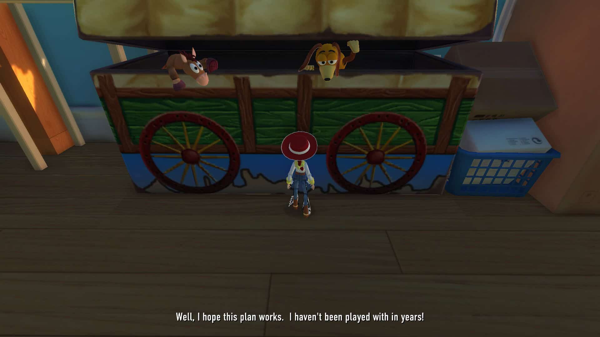 Slinky and Rex peeking out of a toy box, talking about how they haven't been played with in three years