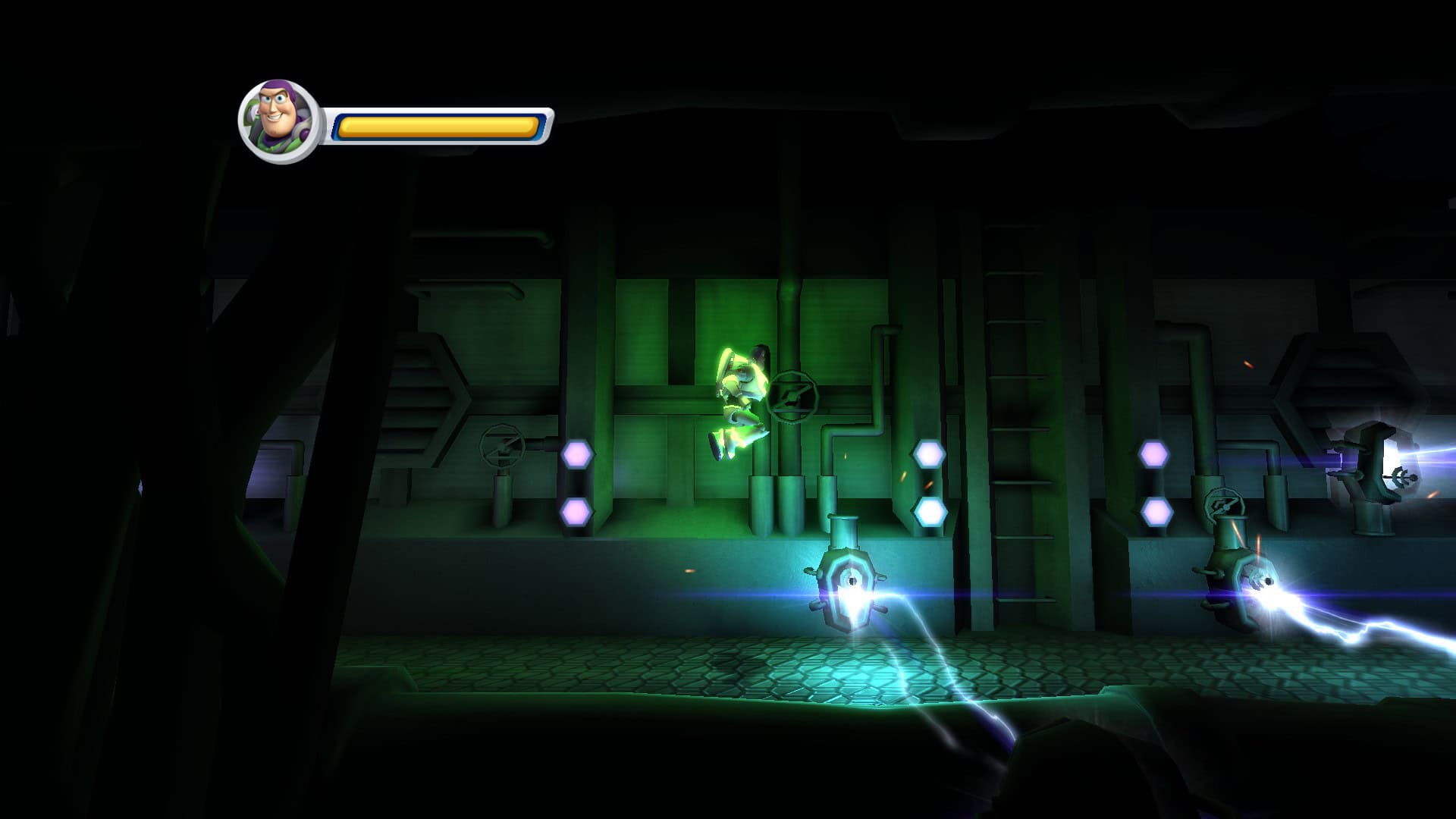 Lit-up Buzz jumping over electric traps in the darkness