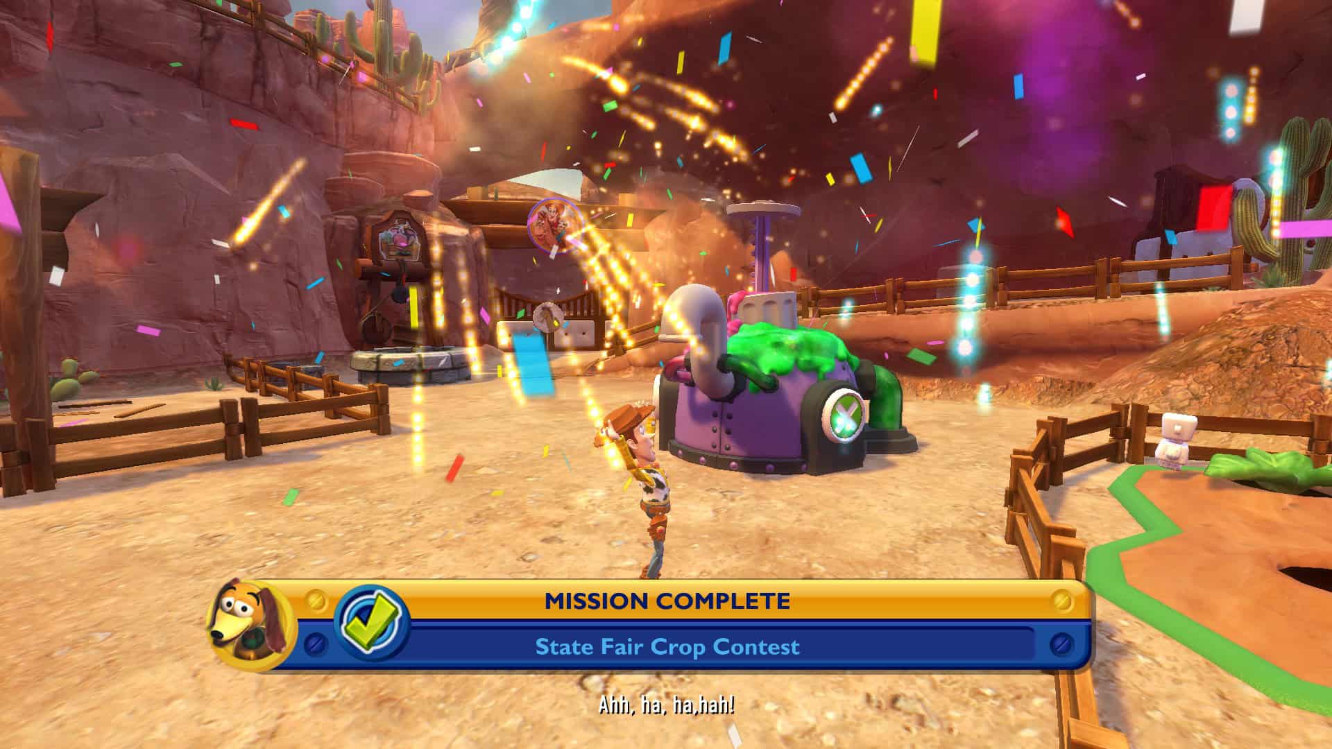 Woody celebrating a mission completel with fireworks flying all around him, inside the Toy Box mode