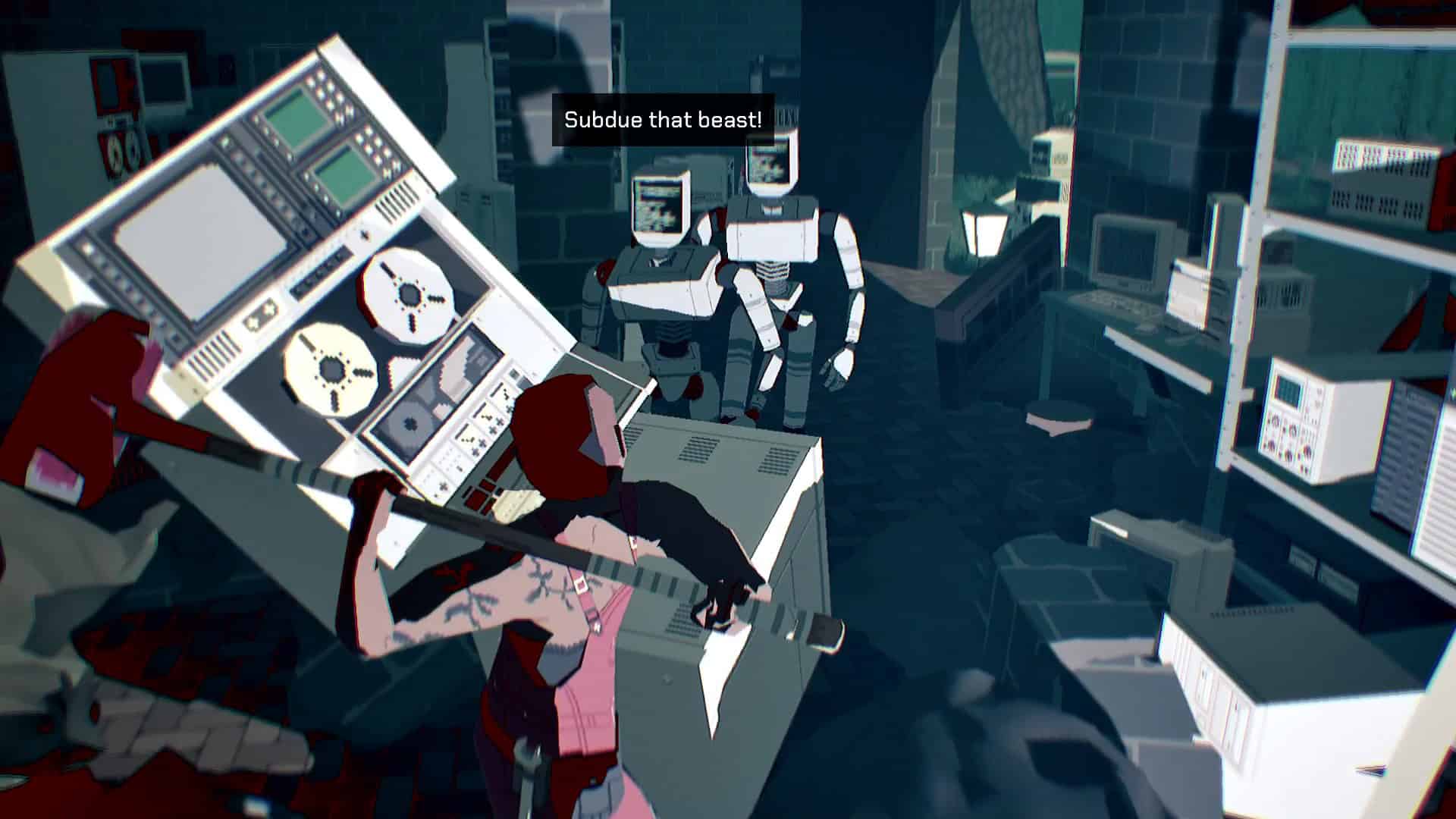Pratelle swinging a hammer vertically, as robots walk towards her saying "subdue that beast"