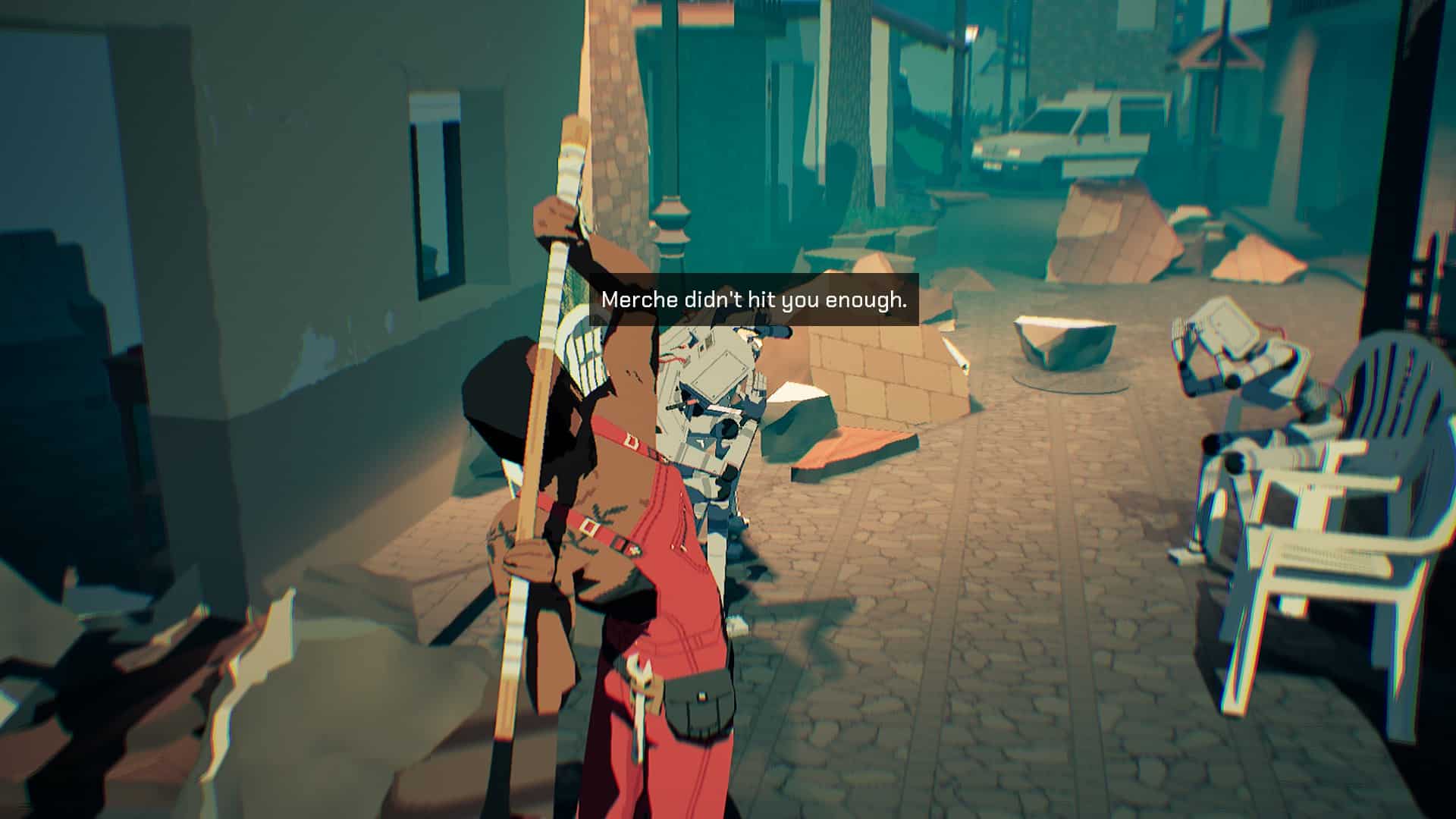 A robot saying Merche didn't hit Pratelle enough as Pratelle charges a hammer above her head, ready to strike