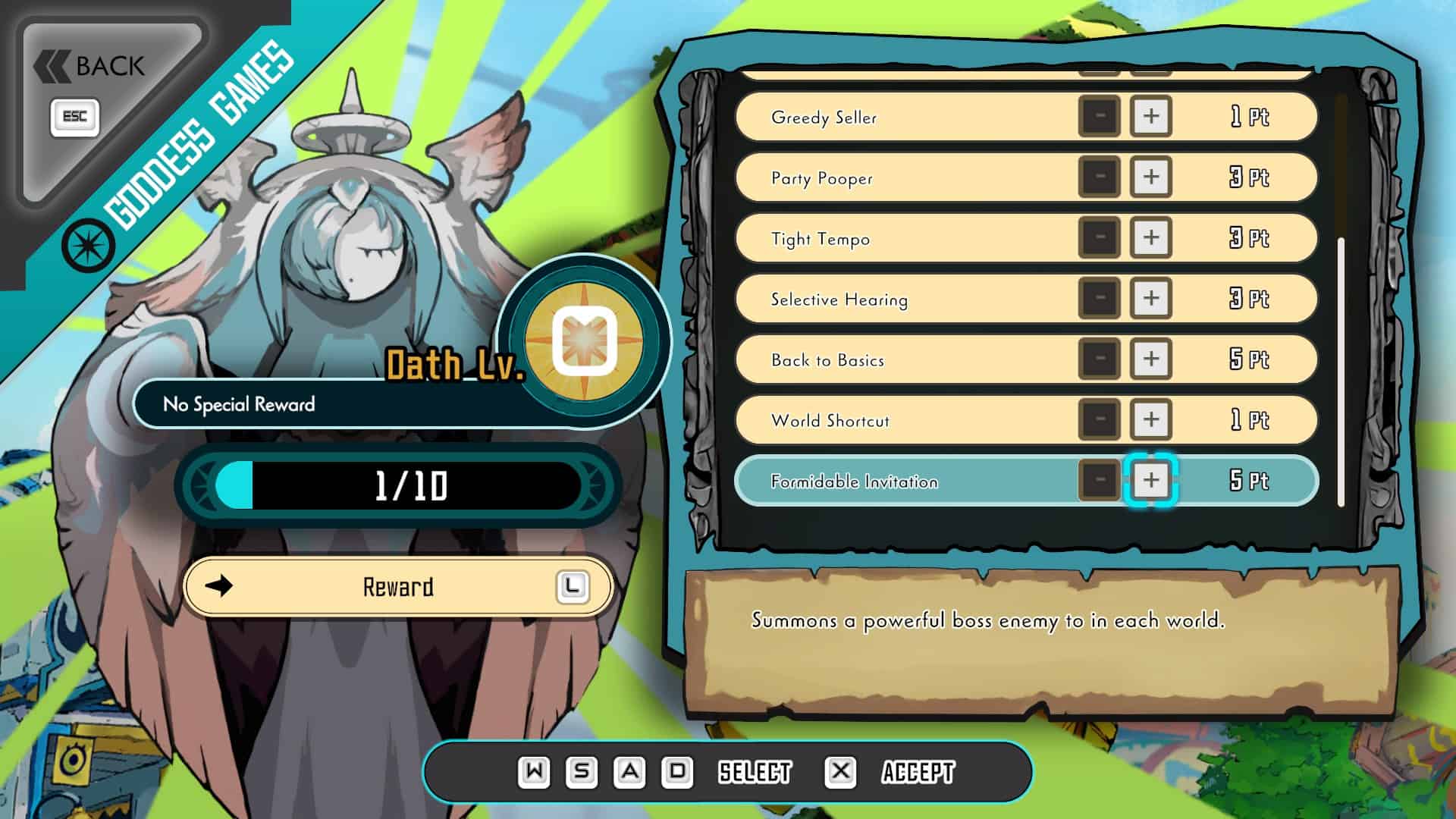 Goddess Games menu in Ratatan