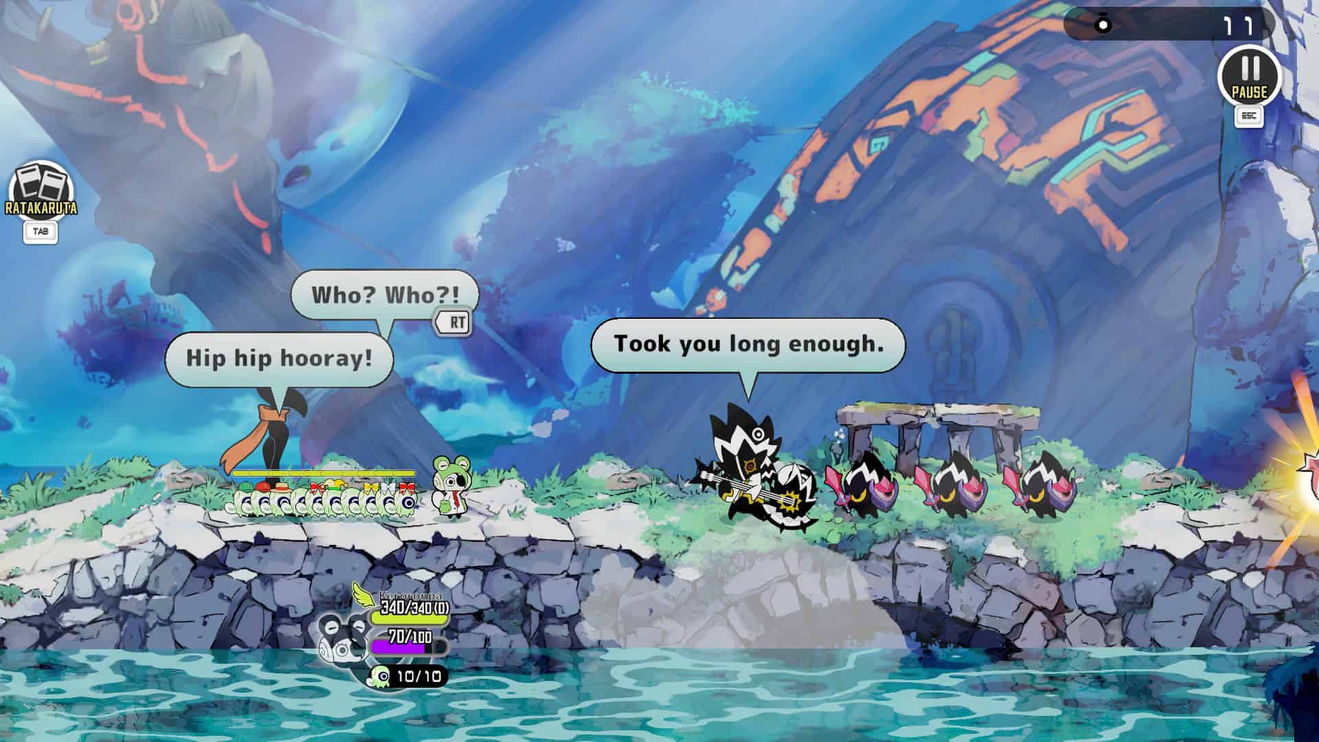 A dark Ratatan playing a guitar, with the player Ratatan asking they are