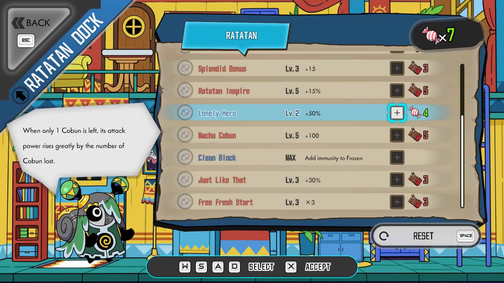 A list of meta progression buffs in Ratatan, the one highlighted is "Lonely Hero" which buffs a Cobun if it's the only one alive