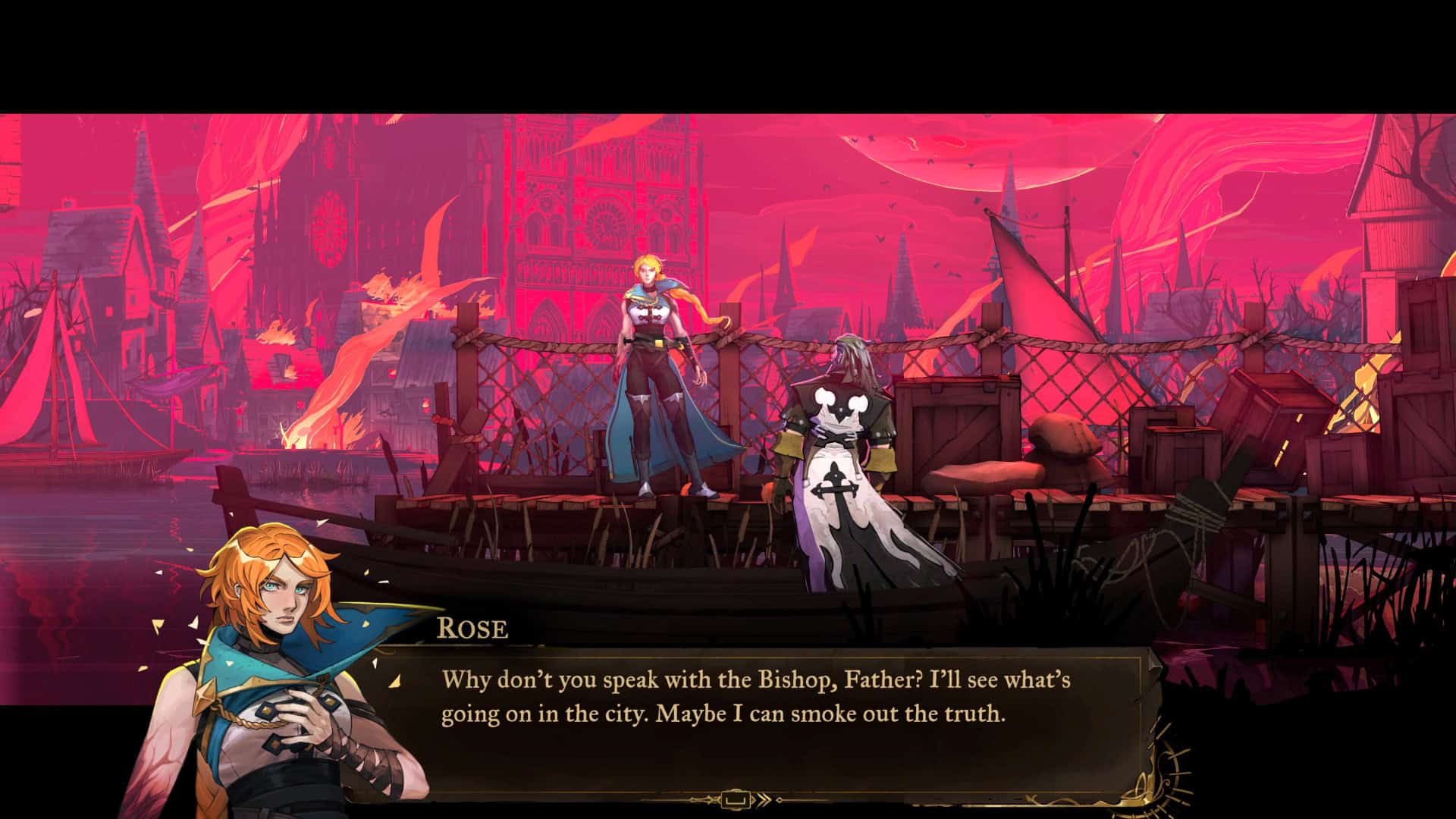 Rose standing on a dock, talking to her father Trevor, who is in a rowboat.