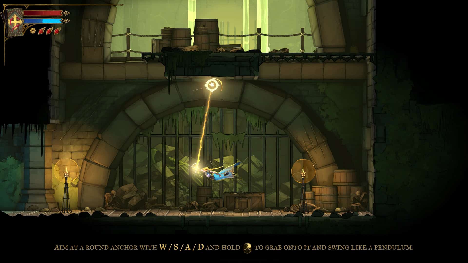 Rose using the whip special ability to platform using fixed points on the map