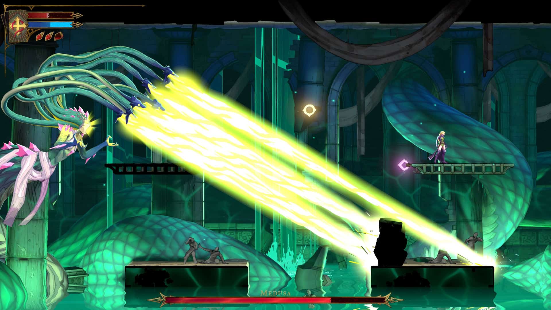 Rose Belmont facing away from Medua's super attack. A safe zone is highlighted below.