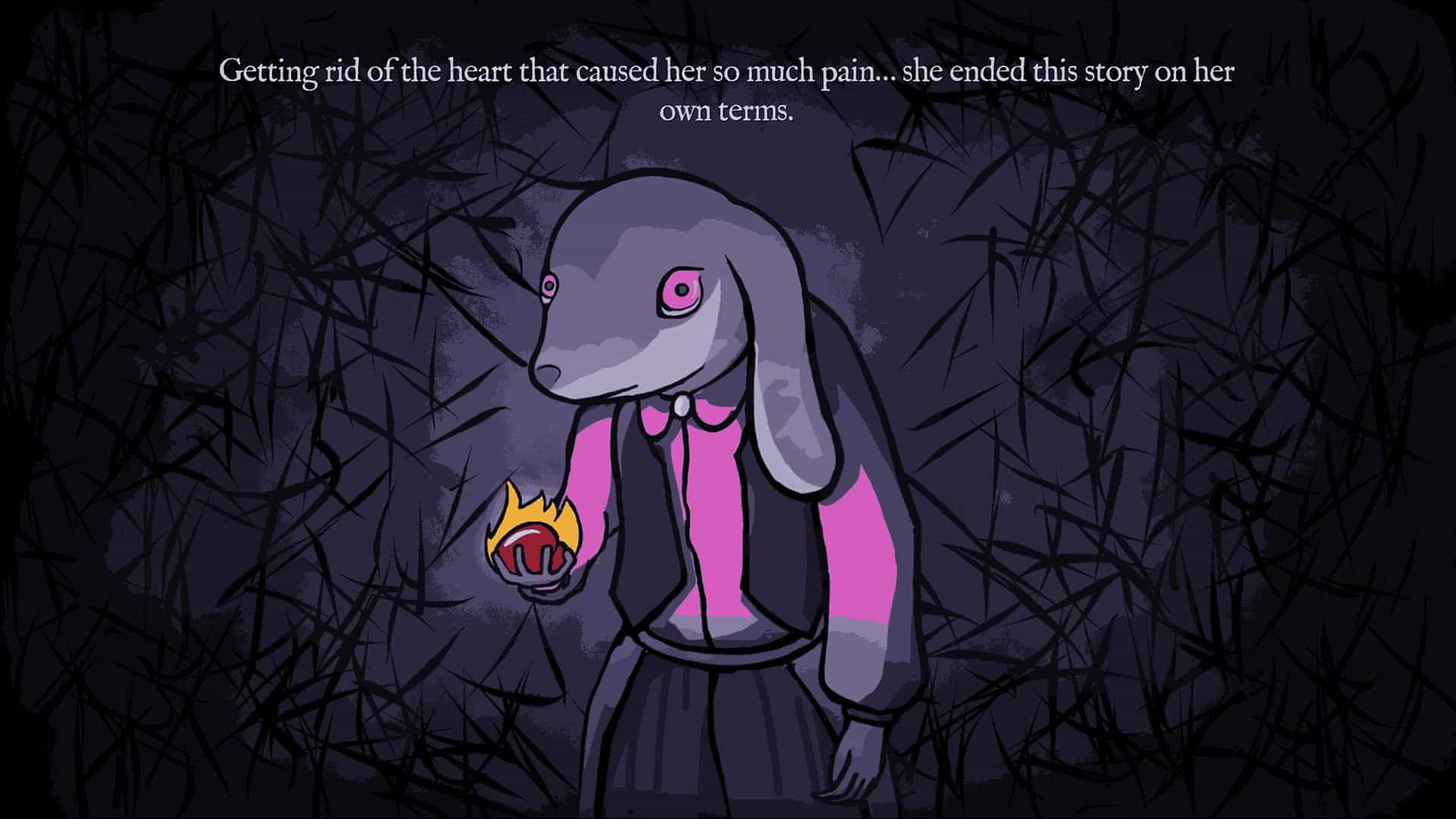 Burn With Me Screenshot showing an anthropomorphic deer holding her heart in her hand.