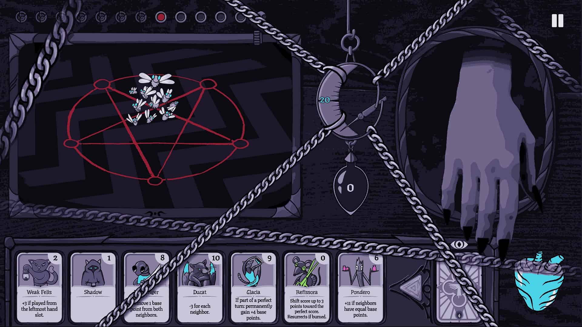 Burn With Me screenshot showing the summoning circle and the deck of cards. The score of the round is attached to chains that overlay the game's user interface.